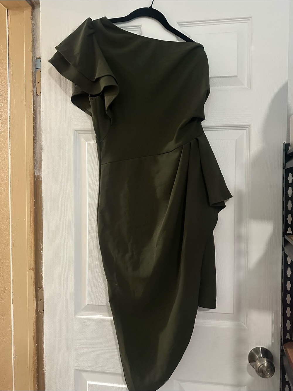 One-Shoulder Olive Green Ruffle Dress
